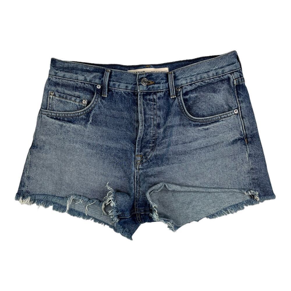 GRLFRND The Jaden Low Rise Boyfriend Blue Denim Frayed Raw Hem Shorts Size 26